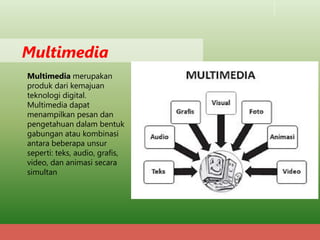 Multimedia merupakan
produk dari kemajuan
teknologi digital.
Multimedia dapat
menampilkan pesan dan
pengetahuan dalam bentuk
gabungan atau kombinasi
antara beberapa unsur
seperti: teks, audio, grafis,
video, dan animasi secara
simultan
Multimedia