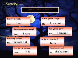 Exercise…..

I can

I can not

I am not

I have
they are not

it is

he is
she has not

 