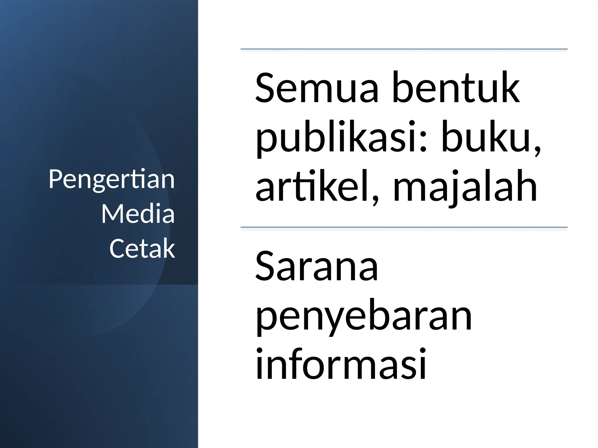 Pengertian
Media
Cetak
Semua bentuk
publikasi: buku,
artikel, majalah
Sarana
penyebaran
informasi
 