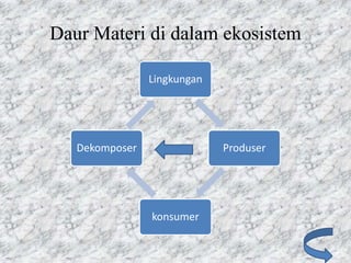Daur Materi di dalam ekosistem

                Lingkungan




   Dekomposer                Produser




                konsumer
 