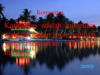Komunitas

Komunitas adalah kumpulan
makhluk hidup antar populasi
yang melakukan hubungan
interaksi.
 