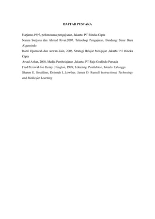 DAFTAR PUSTAKA


Harjanto.1997, peRencanaa pengajAran, Jakarta: PT Rineka Cipta
Nanna Sudjana dan Ahmad Rivai.2007. Teknologi Pengajaran, Bandung: Sinar Baru
Algensindo
Bahri Djamarah dan Aswan Zain, 2006, Strategi Belajar Mengajar ,Jakarta: PT Rineka
Cipta
Arsad Azhar, 2008, Media Pembelajaran ,Jakarta: PT Raja Grafindo Persada
Fred Percival dan Henry Ellington, 1998, Teknologi Pendidikan, Jakarta: Erlangga
Sharon E. Smaldino, Deborah L.Lowther, James D. Russell Instructional Technology
and Media for Learning
 