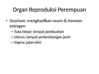 Organ Reproduksi Perempuan
• Ovarium: menghasilkan ovum & hormon
estrogen
– Tuba falopi: tempat pembuahan
– Uterus: tempat perkembangan janin
– Vagina: jalan lahir
 