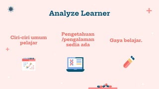 Analyze Learner
Pengetahuan
/pengalaman
sedia ada
Gaya belajar.
Ciri-ciri umum
pelajar
 