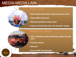 MEDIA-MEDIA LAIN
            Belon Udara
            • Iklan ditulis pada belon yang terapung di udara
            • Dapat dilihat dari jauh
            • Menarik perhatian orang ramai
            • Liputan terhad pada satu-satu kawasan sahaja

            Kenderaan Awam
            • Iklan dilekatkan pada kenderaan seperti bas dan
              teksi
            • Pasaran meluas
            • Menarik
            • Kesan tidak berpanjangan
Back
 