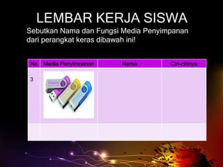 LEMBAR KERJA SISWA
Sebutkan Nama dan Fungsi Media Penyimpanan
dari perangkat keras dibawah ini!


No   Media Penyimpanan   Nama        Ciri-cirinya

3
 