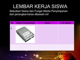 LEMBAR KERJA SISWA
Sebutkan Nama dan Fungsi Media Penyimpanan
dari perangkat keras dibawah ini!


No   Media Penyimpanan   Nama        Ciri-cirinya

5
 