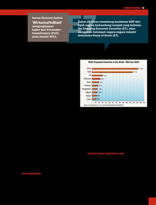 MEDIA PHARMA InDonEsIA                    19




                                               E7
           harian Ekonomi Austria
           'WirtschaftsBlatt'                              Dalam 20 tahun mendatang kombinasi GDP dari
           mengungkapkan                                   tujuh negara berkembang menjadi yang terbesar,
           kajian dari Pricewater-                         the Emerging Economic Countries (E7), akan
           houseCoopers (PwC)                              menggeser kelompok negara-negara industri
           pada Januari 2011.                              terkemuka Group of Seven (G7).




sejak krisis keuangan, Asia telah diuntungkan oleh
kebijakan moneter yang longgar, leverage yang rendah,
                                                                           Most Populated Countries in the World - Mid-Year 2010
investasi berlanjut dan belanja konsumen. Ini adalah
latar belakang yang positif dan diterjemahkan ke dalam                  China                                                                                           1.330.0

proses pemulihan cepat guna mempersempit kesen-                          India                                                                                1.173,1

jangan pertumbuhan antara negara berkembang dan                             US                                310.2
negara maju.                                                      Indonesia                           243.0

                                                                        Brazil                      201.1
Pertumbuhan ekonomi Asia seperti Indonesia, ditandai
dengan tren demografis dan sosial yang menguntung-                 Pakistan                     177.3

kan, sistem perbankan yang sehat, beragam basis eko-             Bangladesh                     158.1

nomi, keuangan yang sehat dan dukungan kebijakan                      Nigeria                  152.2
ekonomi yang kuat.                                                    Russia                139.4

                                                                       Japan                126.8
Sementara China dan India umumnya berperan
sebagai mesin pertumbuhan global di masa depan,                                  0    100     200      300     400    500   600   700   800   900 1000 1100 1200 1300 1400 1500
                                                                   Source : US. Census Bureau - and - www.internetworldstats.com/ststs8.htm
Indonesia bisa mengklaim status yang sama berdasar-
kan kemampuannya sendiri. Penduduk Indonesia, yang
tersebar di 17.000 pulau, lebih besar ketimbang gabungan                 Berkat sistem perbankan yang sehat dan pengurangan
Jepang, Perancis dan Inggris. Lokasi Indonesia yang sentral              utang negara terhadap rasio PDB dari 100% menjadi 26%
menciptakan jalur pasokan yang kuat mengarah ke China,                   sejak krisis Asia pada 1997, hutang Indonesia dinilai oleh
India dan Jepang.                                                        Standard & Poor's dan Fitch selama tahun 2010 dan dari
                                                                         Moody's pada bulan Februari 2011.
Sebagai pemasok kompetitif komoditas global untuk
energi dan komoditi lunak, Indonesia dapat memanfaat-                    Indonesia telah meyakini perkembangan politik yang dijan-
kan industrialisasi India dan urbanisasi China. Negeri ini               jikan oleh pemerintahan Presiden Yudhoyono yang dipilih
juga memiliki ekspor yang kuat dan merupakan pemasok                     secara bebas. Dia diharapkan mampu mengelola belanja
terkemuka kelapa sawit, karet, kakao, beras, kopi dan teh                publik untuk secara gigih mengatasi hambatan infrastruk-
ke seluruh dunia.                                                        tur. Muncul kelas menengah muda, stabilitas politik dan
                                                                         hubungan yang kuat dengan negeri tetangga yang menye-
Sebagai contoh, Indonesia adalah eksportir global terbesar               diakan lahan subur untuk konsumsi, sumber daya dan
minyak sawit memproduksi lebih dari 45% dari produksi                    investasi infrastruktur di Indonesia.
global di dunia.
                                                                         'KEKASIh' BARU INvESToR DI ASIA
Peningkatan Investasi Langsung Asing (FDI) ke pasar                      Ewan Thompson dari Neptune’s Asia Pacific Opportunities
saham Jakarta menggambarkan tingkat kepercayaan pada                     fund mengatakan bahwa penduduk Indonesia sebanyak
prospek negara. Berbagai macam modal kecil dan menen-                    245 juta adalah terbesar keempat di dunia. Dan kira-kira
gah yang saat ini belum muncul untuk memberi peluang                     setengah dari penduduk di bawah 30 tahun, yang berarti
yang cukup bagi investor global.                                         jumlah yang besar seseorang untuk masuk ke tahap
                                                                         konsumsi. Pendapatan kapital mengalami pertumbuhan
TREN URBANISASI                                                          tercepat kedua di dunia setelah China. Jika digabungkan
Tenaga kerja Indonesia tumbuh pada kisaran dua juta                      dengan aspek demografis menjadi kombinasi yang sangat
orang per tahun, dan negara kecenderungan menunjukkan                    kuat.
tren urbanisasi yang sama seperti China dan India: pada
tahun 2020 lebih dari 60% dari 262 juta warga (keempat                   Thompson menambahkan,"Sekarang adalah waktu yang
terbesar di dunia ini) akan tinggal di kota. Bisnis di wilayah           tepat bagi investor untuk menarik manfaat dari peluang
ini menempati peringkat ketiga di antara negara-negara                   investasi besar di Indonesia menindaklanjuti iklim keuan-
Asia pada pertumbuhan laba sejak tahun 2002, tepat di                    gan yang menggiurkan." "Posisi Indonesia yang terletak di
belakang China dan India.                                                perempatan benua Asia dan Australia, di antara Samudera
 