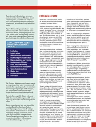 MEDIA PHARMA InDonEsIA       21




Pada akhirnya, Indonesia harus terus mem-          EconoMic uPDAtE
perkuat stabilitas ekonomi. Meskipun situasi
cenderung aman, jauh lebih baik daripada           Hindia dan Samudera Pasifik, memi-          Sementara itu, staf khusus presiden
masa-masa sebelumnya, tetapi masih banyak          liki banyak keuntungan dari peluang         untuk hubungan luar negeri Singapura
yang menjadi perhatian serius bagi komunitas       investasi di berbagai sektor."              Teuku Faizasyah di sela-sela Forum
bisnis.                                                                                        Ekonomi Dunia mengatakan, negara-
                                                   Pada Forum Ekonomi Dunia di Asia            nya ingin melakukan investasi dalam
Seperti diketahui dengan jelas, bahwa seper-       Timur, Direktur Quvat Management ber-       proyek-proyek pembangunan infrastruk-
lima dari penduduk Indonesia berada dalam          basis di Singapura Thomas T. Lembong        tur di Sumatera, khususnya di Batam.
kemiskinan ekstrim dan hampir separuh men-         mengatakan, China dan India memiliki
capai ambang batas, ketidaksetaraan mening-        minat yang besar dalam investasi di         Untuk itu Singapura ingin penjelasan
                                                   Asia, termasuk Indonesia, tren ini harus    tentang skema pembangunan di Indo-
kat, harga untuk makanan, bahan bakar, dan
                                                   dimanfaatkan sebaik mungkin. Oleh           nesia, terutama setelah pemerintah
gas relatif tinggi, dan risiko kerusuhan sosial.
                                                   karena itu Thomas T. Lembong telah          Indonesia meluncurkan Masterplan
                                                   meminta pemerintah, pelaku bisnis           Percepatan dan Perluasan Pembangu-
  12 PILLARS oF ThE GLoBAL                         dan investor untuk secara optimal me-       nan Ekonomi Indonesia (MP3EI).
  CoMPETITIvENESS INDEx                            manfaatkan peluang investasi yang
                                                   luas di Indonesia.                          "Kami menginginkan Indonesia men-
  2010-2011                                                                                    jelaskannya secara rinci daerah di
                                                   "Asia makin berkembang. Indonesia           mana negara kami bisa melakukan
  1.    Institutions                               saat ini adalah kesayangan para inves-      investasi," kata Faizasyah. Ia mengata-
  2.    Infrastructure                             tor. Mereka sadar bahwa Indonesia           kan konsep kemitraan akan diselaras-
                                                   memiliki potensi yang sangat besar.         kan dengan MP3EI itu. Dalam WEF-EA,
  3.    macroeconomic environment                  Dalam hal sarana dan prasarana pen-         Indonesia juga menawarkan investasi
  4.    health and primary education               dukung investasi, Indonesia tidak kalah     di sektor infrastruktur melalui skema
  5.    higher education and training              dengan negara-negara berkembang             Public Private Partnership (PPP).
  6.    Goods market efficiency,                   lainnya seperti China dan India, tapi
                                                   dibandingkan dengan negara-negara           Pada forum itu, Menteri Keuangan RI
  7.    Labor market efficiency                    maju, Indonesia masih tertinggal jauh       Agus Martowardojo saat itu mengata-
  8.    Financial market development               di belakang." kata Lembong.                 kan, bahwa penyediaan infrastruktur
  9.    Technological readiness                                                                menjadi tantangan yang dihadapi
                                                   "Oleh karena itu kita harus realistis,      Indonesia dalam lima tahun ke depan.
  10.   market size                                pasar dan investor selalu memiliki          Pembangunannya membutuhkan dana
  11.   Business sophistication                    kecenderungan, banyaknya investasi          sekitar Rp1.400 triliun.
  12.   Innovation.                                yang bisa dipertahankan tergantung
                                                   bagaimana kita memanfaatkan secara          Menkeu mengatakan bahwa kemam-
                                                   optimal," kata Lembong yang juga men-       puan fiskal pemerintah dalam kese-
                                                   jadi the recipient of World Economic        imbangan kecil dan oleh karena itu
Jika ekonomi tidak dapat menciptakan pekerja-      Forum Young Global Leader.                  kami menawarkan investasi di sektor
an yang cukup di luar sektor pertanian untuk                                                   infrastruktur untuk kedua belah pihak
pertumbuhan populasi pemuda berpendidikan,         "Seperti belajar dari investor interna-     asing dan swasta. Pemerintah Indone-
korupsi yang merajalela, jika tidak ditangani,     sional, China dan India bukan negara        sia hanya mampu menyediakan sekitar
                                                   tanpa masalah karena di negara-             20% - 30% dari dana dan sisanya harus
bisa menyulut ketidakpuasan masyarakat
                                                   negara berkembang ada menghadapi            diperoleh dengan kerjasama dengan
dengan konsekuensi yang bisa sangat buruk.
                                                   banyak kendala dan kesulitan, namun         pihak swasta melalui skema kemitraan
                                                   Indonesia sebenarnya memiliki banyak        publik-swasta.
Pertumbuhan yang telah dialami Indonesia           fasilitas yang baik," tambahnya.            Dalam tujuh tahun terakhir skema itu
tidak akan membuat beberapa masalah selesai                                                    tidak memberikan hasil yang signifikan
begitu saja, bahkan bisa berisiko memperburuk      Untuk itu, Lembong mengatakan               namun diharapkan akan segera ada
situasi.                                           semua pihak termasuk pemerintah,            proyek infrastruktur pilot.
                                                   pelaku bisnis, serta investor harus lebih
Karena perkembangan yang kuat akan selalu          bersabar karena untuk berinvestasi          "Saya optimis bahwa tidak akan ada
menghasilkan kebutuhan baru sekaligus              yang terpenting bukan kuantitas             kontrol modal," kata Menkeu menam-
muncul penetapan standar baru di kalangan          tetapi kualitas. "Idealnya, semua pihak     bahkan bahwa kondisi fiskal dan mon-
bisnis, investor, dan konsumen. Ini membuat,       harus bersabar, dan tidak terburu-buru      eter di sektor riil adalah baik dan dapat
situasi yang dianggap memuaskan hari ini,          sehingga dana tidak pergi ke proyek-        mendukung aliran modal masuk. Pelu-
tidak dapat diterima di masa mendatang.            proyek yang tidak perlu," katanya, me-      ang investasi di Indonesia membantu
Namun, berdasarkan temuan laporan, satu            nambahkan bahwa kunci keberhasilan          baik warga dan investor karena negeri
pendapat optimis bahwa Indonesia akan              investasi di Indonesia adalah kerjasa-      ini memiliki penduduk besar yang
berhasil melalui tantangan ini. <erw>              ma dari semua pihak yakni pemerin-          secara aktif bersaing untuk bergabung
                                                   tah, bisnis pemain, dan investor.           sebagai tenaga kerja. <erw/dbs>
 