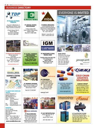 46        MEDIA PHARMA InDonEsIA

     Business diReCToRy
                                                                                                 eVeRyoNe IS INVITeD

     PT TIgAKA dISTRIdO
           PERKASA
   Importer % Wholesaler of          PT. EnSEVAL PUTERA           PT MEnSA BInASUKES
  Raw Materials Pharma, Food,           MEgATRAdIng                Jl Pulo Kambing II No.26
  Feed, Cosmetics & Chemical                                    Kawasan Industri Pulogadung
                                       Jl. Rawa Gelam IV/6      Jakarta Timur 13930 Indonesia
      Jl Tanah Abang II No.37,     Kaws. Industri Pulo Gadung      Phone +6221 4601950
            Jakarta 10610                  Jakarta 13920              Fax +6221 4613577
       Telp. (62 21) 350 8981        Telp. (62 21) 4682 5686
        Fax. (62 21)386 1847                                      Website : www.mbs.co.id
                                                                  Email : contact.mbs.co.id




 PT PArAzelSuS INDONeSIA            PT. gLOBAL cHEMIndO         PT. IndOFARMA gLOBAL             MAIn OFFIcE
        Menara Jamsostek                 MEgATRAdIng                  MEdIKA (IgM)               Perkantoran Aries Niaga
             22nd floor,             Jl Pulo Kambing Raya                                        Jl. Taman Aries Blok A1
 Jl. Jend. Gatot Subroto No. 38           Kav. II E no.8        komplek Infinia Park Blok B 86
           Jakarta 12710                                            Jl. Dr Saharjo No 45         No. 1X - Kembangan
                                      Kaws. Industri Pulo                                        Jakarta Barat 11620
    Phone : +62 21 522 8338,            gadung Jkt 13920                Jakarta 12850
      Fax : +62 21 522 8337,                                       Telp. (021) 837 81166         Telp. (021) 589 068 92
                                    Telp. (62 21) 4683 0028           www.igm.co.id              Faks (021) 589 06893
       www.parazelsus.co.id                                                                      www.javaplant.net




     EXCIPIEnT & CoaTInG                                                                                                          cOLd cHAIn
          sysTEms
                                                                gS1 IndOnESIA
                                                                                                                                   LOgISTIcS
                                                                E - Trade Building Lt.6                                           SOLUTIOnS
                                                                Jl. Wahid Hasyim No.55
                                    PT. MERIndO MAKMUR          Jakarta 10350 - Indonesia        PT cAPSUgEL IndOnESIA                cARAKA gROUP
                                   Rukan Kencana Niaga D-1/2K   Tel : (62-21) 31925 800              Jl Raya Bogor KM 42
                                    Meruya Utara, Kembangan            (62-21) 3916289                  Cibinong 16916            Jl. TB Simatupang Kav-7
                                       Jakarta Barat 11620      Fax : (62-21) 391 6269               Telp. (021) 875 2226          Jakarta Selatan 12530
                                                                E-mail: info@gs1.or.id                Fax. (021) 875 2227          Telp (62 21) 780 7777
                                      Telp (62 21) 585 8581                                                                         Fax (6221) 781 3333
 PT. Cahaya BumI CEmErLanG                                                                          www.capsugel.com
 JaKarTa                                                        www.gs1.or.id                                                     www.carakagroup.com
 Jl. Imam Bonjol Km 3,5
 Bojong Larang No. 21
 Kota Tangerang 15115
 Banten - Indonesia                                                                              Professional Purification
 Phone : +62 21 55767512
                                                                                                 in compressed Air Dryer
          (hunting)
          +62 21 5531324
 Fax. : +62 21 5520439
 Email : cahaya@cahayabc.co.id

 suraBaya
 Jl. Ir. H. Juanda
 Ruko Surya Inti Permata
 Blok A No. 24
 Waru Sidoarjo 61253                                             PT LELY METROPOLITAn                                      PT cAlISTAcITrA leSTArI
                                     PT MAJU BERSAMA              Jl Raya Pluit Raya No 19
 Indonesia                          Design & Manufacturing                                                                 Perkantoran Kencana Niaga
 Phone : +62 31 867 8138 / 7                                               Blok A-3                                        Jl. Taman Aries Blok D1 No. 1T - 1U
                                    of Industrial Equipment          Jakarta Utara 14440
 Fax. : + 62 31 866 6478            Phone +6221 584 6202                                                                   Meruya Utara Jakarta 11620
 email : cahaya@cahayabc.co.id       Fax. +6221 584 5808                                                                   Telp. (021) 585 7118, 585 7193
                                                                     (021) 662 6030 - 33                                   Fax. (021) 585 7163
                                   mbjkt@maju-bersama.com,
 www.connellbrothers.com            www.maju-bersama.com                                                                   sales@calista.co.id
 