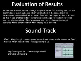 From these answers we can manage our plans for our film opening, and can suit the film to our target audience, which will also help in the sense that it will increase our views and will attract more of our intended target audience. As well as this, it also enables us to see where we can change our faults in our idea’s and can take the advice of the responses, and can put in what the target audience would rather see than what already have planned. After looking through previous years horror films that our similar to ours we found this one, which has a Sound-Track appealing to us. http://www.youtube.com/user/kittysadler1#p/a/u/0/o_7F3gxv3IQ 