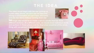 T H E I D E A
The rough idea would be to create a set in a studio that has three
different sections, all a different color, we would shoot individual shots
and sections in these places and the final show would be of the whole
thing with one person in each section
The video would begin with the star picking up
a pink rotary phone, we can't see her face and
having a conversation we can’t hear, she turns,
and she has black makeup running down her
face
 