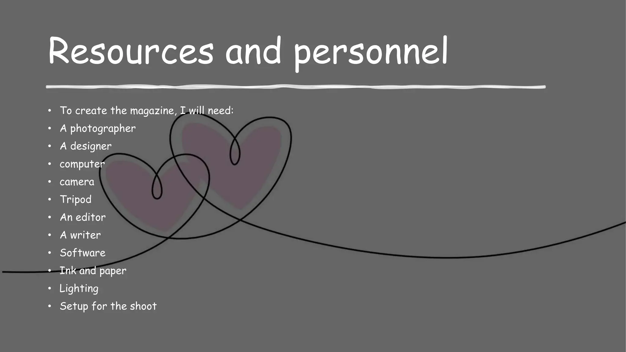 Resources and personnel
• To create the magazine, I will need:
• A photographer
• A designer
• computer
• camera
• Tripod
• An editor
• A writer
• Software
• Ink and paper
• Lighting
• Setup for the shoot
 