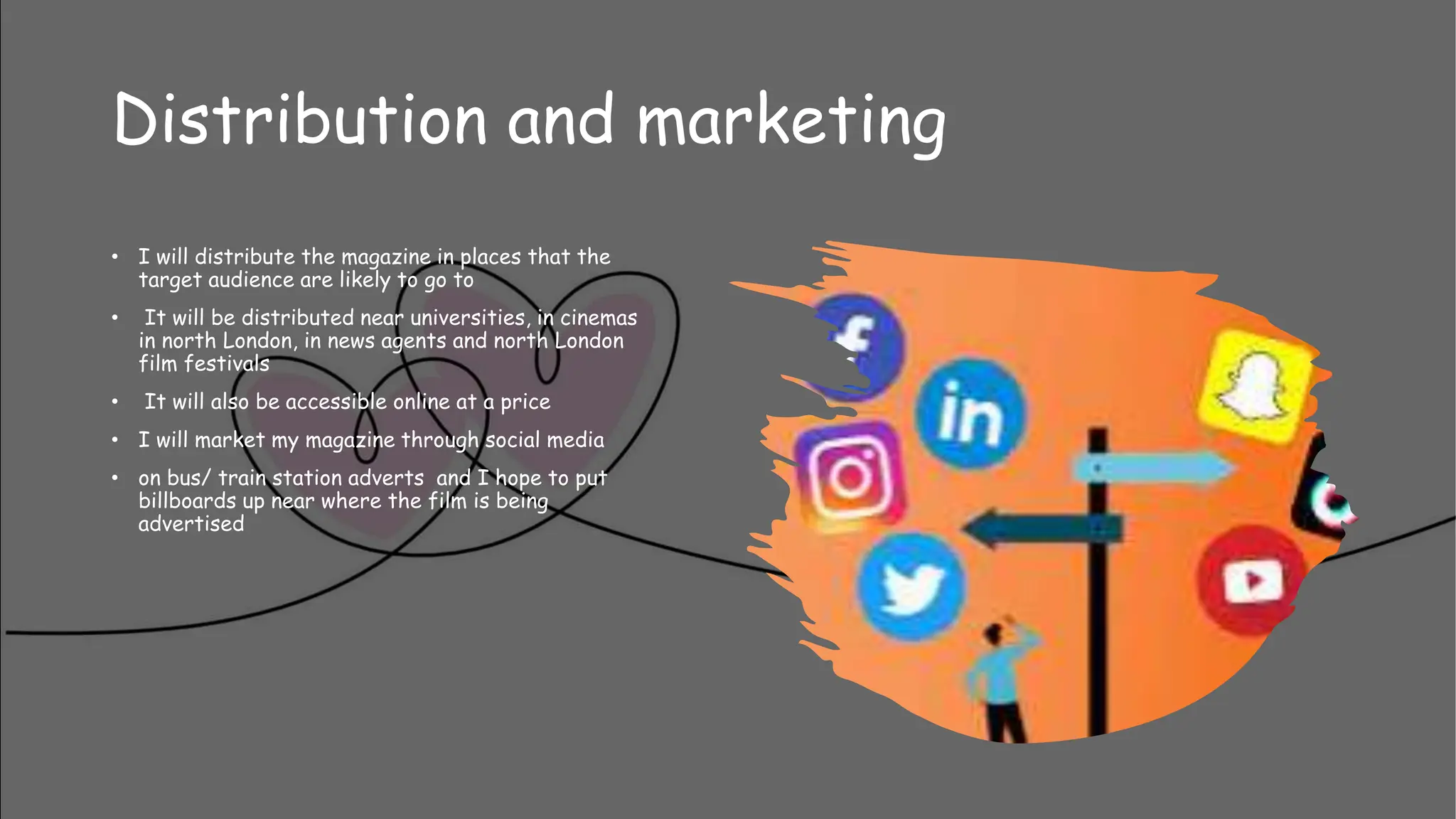 Distribution and marketing
• I will distribute the magazine in places that the
target audience are likely to go to
• It will be distributed near universities, in cinemas
in north London, in news agents and north London
film festivals
• It will also be accessible online at a price
• I will market my magazine through social media
• on bus/ train station adverts and I hope to put
billboards up near where the film is being
advertised
 
