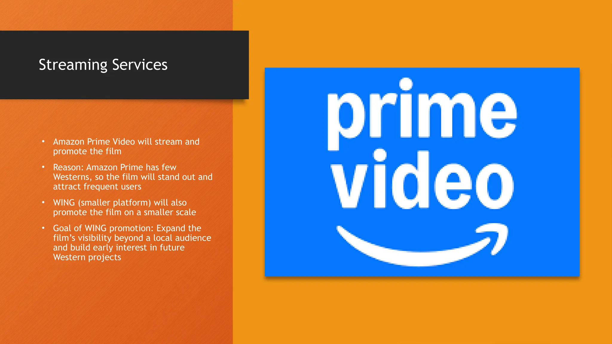 Streaming Services
• Amazon Prime Video will stream and
promote the film
• Reason: Amazon Prime has few
Westerns, so the film will stand out and
attract frequent users
• WING (smaller platform) will also
promote the film on a smaller scale
• Goal of WING promotion: Expand the
film’s visibility beyond a local audience
and build early interest in future
Western projects
 