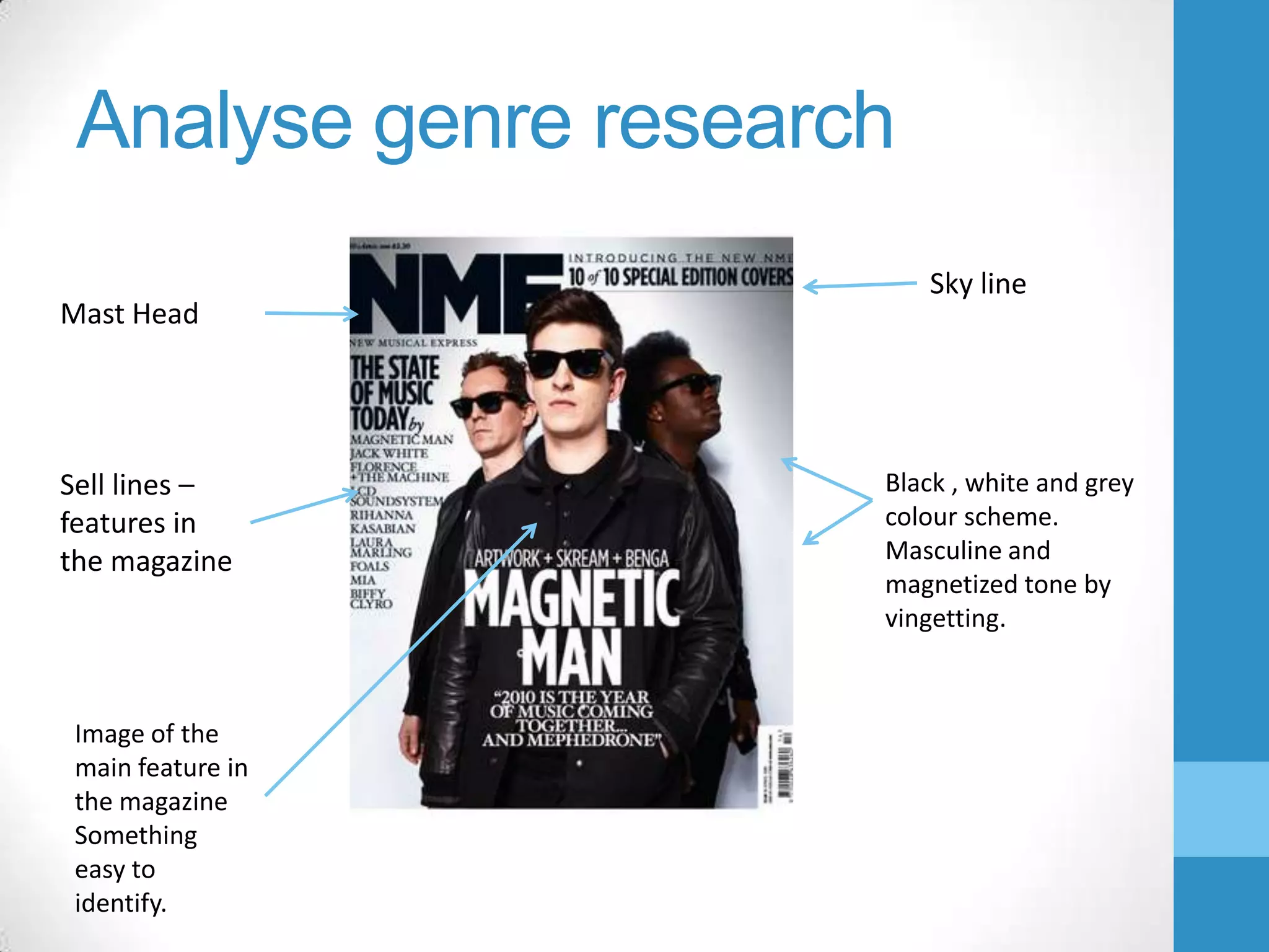 Analyse genre research
Mast Head

Sell lines –
features in
the magazine

Image of the
main feature in
the magazine
Something
easy to
identify.

Sky line

Black , white and grey
colour scheme.
Masculine and
magnetized tone by
vingetting.

 