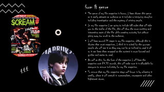 £££
form & genre
• The genre of my film magazine is horror, I have chosen this genre
as it easily attracts an audience as it includes a intriguing storyline
including investigation and the mystery of missing people.
• In my film magazine I am going to include QR codes that will take
you to the trailer of the film, this will show the more exciting and
interesting parts of the film while creating curiosity but without
giving away too much to the audience.
• I will have around 25 pages in my film magazine, although this is
shorter than most magazines, I think it is suited for the younger
people who will see it as they may not be as inclined to read it all
so it can keep them engaged as the content is more focused and
quicker and easier to read.
• As well as this, for the form of the magazine I will have the
magazine cost £4.30 pounds, this will make sure it is affordable for
everyone to ensure inclusivity for my film magazine.
• To ensure that my film magazine stays well known is by releasing it
weekly, where it will restock in supermarkets, newsagents and other
highstreet stores.
 