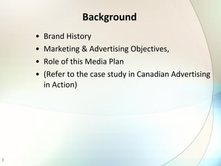Background Brand History Marketing & Advertising Objectives, Role of this Media Plan (Refer to the case study in Canadian Advertising in Action) 