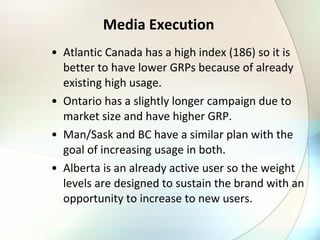 Media Execution Atlantic Canada has a high index (186) so it is better to have lower GRPs because of already existing high usage. Ontario has a slightly longer campaign due to market size and have higher GRP. Man/Sask and BC have a similar plan with the goal of increasing usage in both.  Alberta is an already active user so the weight levels are designed to sustain the brand with an opportunity to increase to new users. 