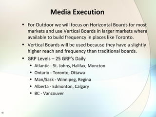 Media Execution For Outdoor we will focus on Horizontal Boards for most markets and use Vertical Boards in larger markets where available to build frequency in places like Toronto.  Vertical Boards will be used because they have a slightly higher reach and frequency than traditional boards. GRP Levels – 25 GRP’s Daily Atlantic - St. Johns, Halifax, Moncton Ontario - Toronto, Ottawa Man/Sask - Winnipeg, Regina Alberta - Edmonton, Calgary BC - Vancouver 