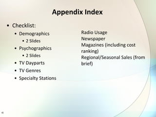 Checklist: Demographics 2 Slides Psychographics 2 Slides TV Dayparts TV Genres Specialty Stations Appendix Index Radio Usage Newspaper Magazines (including cost ranking) Regional/Seasonal Sales (from brief) 