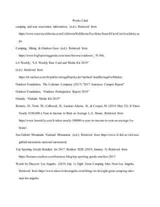 Works Cited
camping and tour reservation information. (n.d.). Retrieved from
https://www.reservecalifornia.com/CaliforniaWebHome/Facilities/SearchViewUnitAvailabity.as
px.
Camping, Hiking & Outdoor Gear. (n.d.). Retrieved from
https://www.big5sportinggoods.com/store/browse/outdoors/_/N-80e.
LA Weekly, “LA Weekly Rate Card and Media Kit 2019”
(n.d.). Retrieved from
https://tlr.nielsen.com/tlr/public/ratingsDisplay.do?method=loadRatingsForMarket.
Outdoor Foundation, The Coleman Company (2017) "2017 American Camper Report"
Outdoor Foundation, “Outdoor Participation Report 2018”
Outside, “Outside Media Kit 2019”
Romero, D., Trent, M., Callwood, B., Luciano-Adams, B., & Cooper, M. (2019, May 22). It Takes
Nearly $100,000 a Year in Income to Rent an Average L.A. House. Retrieved from
https://www.laweekly.com/it-takes-nearly-100000-a-year-in-income-to-rent-an-average-l-a-
house/.
San Gabriel Mountains National Monument. (n.d.). Retrieved from https://www.fs.fed.us/visit/san-
gabriel-mountains-national-monument.
Top Sporting Goods Retailers for 2017: Realtree B2B. (2019, January 3). Retrieved from
https://business.realtree.com/business-blog/top-sporting-goods-retailers-2017.
Words by Discover Los Angeles. (2019, July 1). Eight Great Camping Sites Near Los Angeles.
Retrieved from https://www.discoverlosangeles.com/things-to-do/eight-great-camping-sites-
near-los-angeles.
 