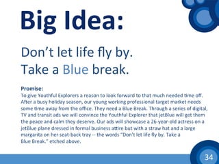 34	
  
Big	
  Idea:	
  
Don’t	
  let	
  life	
  ﬂy	
  by.	
  
Take	
  a	
  Blue	
  break.	
  
Promise:	
  
To	
  give	
  Youthful	
  Explorers	
  a	
  reason	
  to	
  look	
  forward	
  to	
  that	
  much	
  needed	
  (me	
  oﬀ.	
  
Awer	
  a	
  busy	
  holiday	
  season,	
  our	
  young	
  working	
  professional	
  target	
  market	
  needs	
  
some	
  (me	
  away	
  from	
  the	
  oﬃce.	
  They	
  need	
  a	
  Blue	
  Break.	
  Through	
  a	
  series	
  of	
  digital,	
  
TV	
  and	
  transit	
  ads	
  we	
  will	
  convince	
  the	
  Youthful	
  Explorer	
  that	
  jetBlue	
  will	
  get	
  them	
  
the	
  peace	
  and	
  calm	
  they	
  deserve.	
  Our	
  ads	
  will	
  showcase	
  a	
  26-­‐year-­‐old	
  actress	
  on	
  a	
  
jetBlue	
  plane	
  dressed	
  in	
  formal	
  business	
  avre	
  but	
  with	
  a	
  straw	
  hat	
  and	
  a	
  large	
  
margarita	
  on	
  her	
  seat-­‐back	
  tray	
  -­‐-­‐	
  the	
  words	
  “Don’t	
  let	
  life	
  ﬂy	
  by.	
  Take	
  a	
  
Blue	
  Break.”	
  etched	
  above.	
  	
  
 