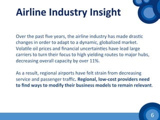 6	
  
Airline	
  Industry	
  Insight	
  
Over	
  the	
  past	
  ﬁve	
  years,	
  the	
  airline	
  industry	
  has	
  made	
  dras(c	
  
changes	
  in	
  order	
  to	
  adapt	
  to	
  a	
  dynamic,	
  globalized	
  market.	
  
Vola(le	
  oil	
  prices	
  and	
  ﬁnancial	
  uncertain(es	
  have	
  lead	
  large	
  
carriers	
  to	
  turn	
  their	
  focus	
  to	
  high	
  yielding	
  routes	
  to	
  major	
  hubs,	
  
decreasing	
  overall	
  capacity	
  by	
  over	
  11%.	
  
	
  	
  
As	
  a	
  result,	
  regional	
  airports	
  have	
  felt	
  strain	
  from	
  decreasing	
  
service	
  and	
  passenger	
  traﬃc.	
  Regional,	
  low-­‐cost	
  providers	
  need	
  
to	
  ﬁnd	
  ways	
  to	
  modify	
  their	
  business	
  models	
  to	
  remain	
  relevant.	
  	
  	
  
 