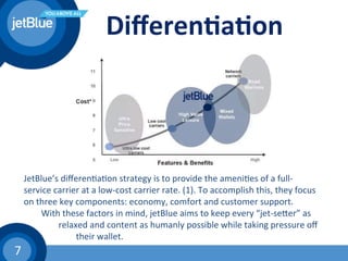 7	
  
	
  	
  
	
  	
  
Diﬀeren1a1on	
  
JetBlue’s	
  diﬀeren(a(on	
  strategy	
  is	
  to	
  provide	
  the	
  ameni(es	
  of	
  a	
  full-­‐
service	
  carrier	
  at	
  a	
  low-­‐cost	
  carrier	
  rate.	
  (1).	
  To	
  accomplish	
  this,	
  they	
  focus	
  
on	
  three	
  key	
  components:	
  economy,	
  comfort	
  and	
  customer	
  support.	
  
	
  With	
  these	
  factors	
  in	
  mind,	
  jetBlue	
  aims	
  to	
  keep	
  every	
  “jet-­‐seher”	
  as	
  
	
   	
  relaxed	
  and	
  content	
  as	
  humanly	
  possible	
  while	
  taking	
  pressure	
  oﬀ	
  
	
   	
   	
  their	
  wallet.	
  
	
  	
  
 