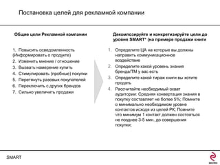 Постановка целей для рекламной компании

Общие цели Рекламной компании

1. Повысить осведомленность
(Информировать о продукте)
2. Изменить мнение / отношение
3. Вызвать намерение купить
4. Стимулировать (пробные) покупки
5. Перетянуть разовых покупателей
6. Переключить с других брендов
7. Сильно увеличить продажи

SMART

Декомпозируйте и конкретизируйте цели до
уровня SMART* (на примере продажи книги

1. Определите ЦА на которые вы должны
направить коммуникационное
воздействие
2. Определите какой уровень знания
бренда/ТМ у вас есть
3. Определите какой тираж книги вы хотите
продать
4. Рассчитайте необходимый охват
аудитории: Средняя конвертация знания в
покупку составляет не более 5%; Помните
о минимально необходимом уровне
контактов исходя из целей РК; Помните
что минимум 1 контакт должен состояться
не позднее 3-5 мин. до совершения
покупки;

 