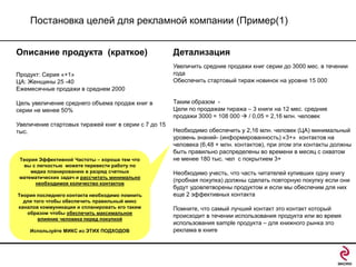 Постановка целей для рекламной компании (Пример(1)
Описание продукта (краткое)
Продукт: Серия «+1»
ЦА: Женщины 25 -40
Ежемесячные продажи в среднем 2000
Цель увеличение среднего объема продаж книг в
серии не менее 50%
Увеличение стартовых тиражей книг в серии с 7 до 15
тыс.

Теория Эффективной Частоты – хороша тем что
вы с легкостью можете перевести работу по
медиа планированию в разряд счетных
математических задач и рассчитать минимально
необходимое количество контактов
Теория последнего контакта необходимо помнить
для того чтобы обеспечить правильный микс
каналов коммуникации и спланировать его таким
образом чтобы обеспечить максимальное
влияние человека перед покупкой
Используйте МИКС из ЭТИХ ПОДХОДОВ

Детализация
Увеличить средние продажи книг серии до 3000 мес. в течении
года
Обеспечить стартовый тираж новинок на уровне 15 000
Таким образом Цели по продажам тиража – 3 книги на 12 мес. средние
продажи 3000 = 108 000  / 0,05 = 2,16 млн. человек
Необходимо обеспечить у 2,16 млн. человек (ЦА) минимальный
уровень знаний- (информированность) «3+» контактов на
человека (6,48 + млн. контактов), при этом эти контакты должны
быть правильно распределены во времени в месяц с охватом
не менее 180 тыс. чел с покрытием 3+
Необходимо учесть, что часть читателей купивших одну книгу
(пробная покупка) должны сделать повторную покупку если они
будут удовлетворены продуктом и если мы обеспечим для них
еще 2 эффективных контакта
Помните, что самый лучший контакт это контакт который
происходит в течении использования продукта или во время
использования sample продукта – для книжного рынка это
реклама в книге

 