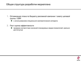 Общая структура разработки медиаплана

1. Оптимизация плана по бюджету рекламной кампании / охвату целевой
группы / GRP
 с использованием специального математического аппарата

2. Пост оценка эффективности
 проверка соответствия значений планируемых медиа-показателей реально
достигнутым

 