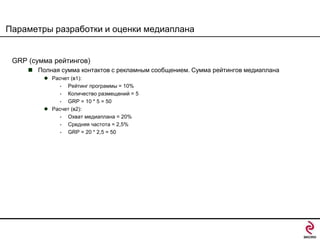 Параметры разработки и оценки медиаплана

GRP (сумма рейтингов)
 Полная сумма контактов с рекламным сообщением. Сумма рейтингов медиаплана
 Расчет (в1):
•
Рейтинг программы = 10%
•
Количество размещений = 5
•
GRP = 10 * 5 = 50
 Расчет (в2):
•
Охват медиаплана = 20%
•
Средняя частота = 2,5%
•
GRP = 20 * 2,5 = 50

 