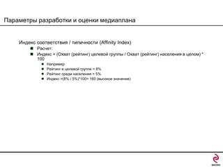 Параметры разработки и оценки медиаплана

Индекс соответствия / типичности (Affinity Index)
 Расчет:
 Индекс = (Охват (рейтинг) целевой группы / Охват (рейтинг) населения в целом) *
100





Например:
Рейтинг в целевой группе = 8%
Рейтинг среди населения = 5%
Индекс =(8% / 5%)*100= 160 (высокое значение)

 