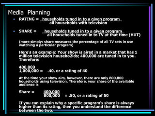 Media Planning
 •   RATING = households tuned in to a given program
                 all households with television

 •   SHARE =       households tuned in to a given program
                    all households tuned in to TV at that time (HUT)
     (more simply: share measures the percentage of all TV sets in use
     watching a particular program)

     Here's an example: Your show is aired in a market that has 1
     million television househo2lds; 400,000 are tuned in to you.
     Therefore:
     400,000
     1,000,000 =     .40, or a rating of 40
     At the time your show airs, however, there are only 800,000
     households using television. Therefore, your share of the available
     audience is

     Share =       400,000
                   800,000     = .50, or a rating of 50
     If you can explain why a specific program's share is always
     higher than its rating, then you understand the difference
     between the two.
 