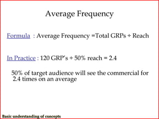 Average Frequency

  Formula : Average Frequency =Total GRPs ÷ Reach


  In Practice : 120 GRP’s ÷ 50% reach = 2.4

     50% of target audience will see the commercial for
     2.4 times on an average




Basic understanding of concepts
 