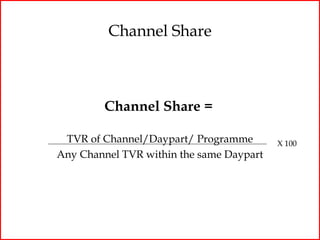 Channel Share



         Channel Share =

 TVR of Channel/Daypart/ Programme        X 100
Any Channel TVR within the same Daypart
 