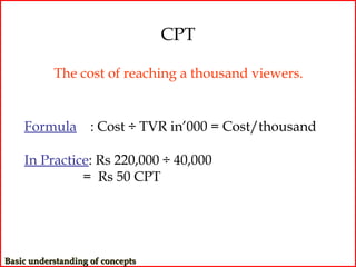 CPT

           The cost of reaching a thousand viewers.


    Formula         : Cost ÷ TVR in’000 = Cost/thousand

    In Practice: Rs 220,000 ÷ 40,000
              = Rs 50 CPT




Basic understanding of concepts
 