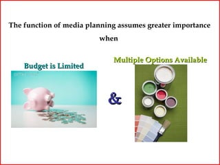 The function of media planning assumes greater importance
                         when

                             Multiple Options Available
    Budget is Limited



                           &
 