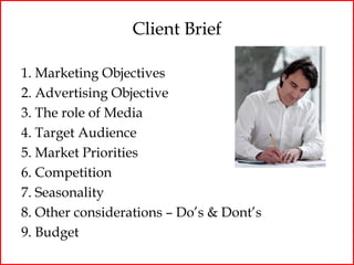 Client Brief

1. Marketing Objectives
2. Advertising Objective
3. The role of Media
4. Target Audience
5. Market Priorities
6. Competition
7. Seasonality
8. Other considerations – Do’s & Dont’s
9. Budget
 