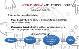 MEDIA PLANNING = SELECTION + SCHEDULING
MEDIA SELECTION
There are two types of selectivity:
Class Selectivity is the ability of a medium to reach the target
market without waste.
Geographic Selectivity is the ability of a medium to cover a
particular geographic area without spillover.
MEDIA SCHEDULING
Reach
Frequenc
y
Continuity
(how long a
campaign
runs)
100%
 