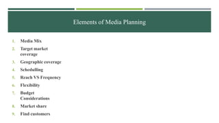 Elements of Media Planning
1. Media Mix
2. Target market
coverage
3. Geographic coverage
4. Schedulling
5. Reach VS Frequency
6. Flexibility
7. Budget
Considerations
8. Market share
9. Find customers
 