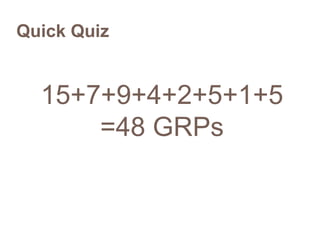 Quick Quiz


  15+7+9+4+2+5+1+5
      =48 GRPs
 
