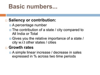 Basic numbers...

   Saliency or contribution:
    A   percentage number
     The contribution of a state / city compared to
      All India or Total
     Gives you the relative importance of a state /
      city w.r.t other states / cities
   Growth rates
    A simple linear increase / decrease in sales
     expressed in % across two time periods
 