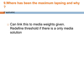9.Where has been the maximum lapsing and why
?
(if applicable)




       Can link this to media weights given.
        Redefine threshold if there is a only media
        solution
 
