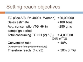 Setting reach objectives

TG (Sec A/B, Rs.4000+, Women)               =20,00,000
Sales estimate                              =100 Tons
Avg. consumption/TG HH in                   =250 gms
campaign period
Total consuming TG HH (2) / (3)             = 4,00,000
                                        (20% of TG)
Conversion ratio                            = 40%
(Awareness to Trial possible measure)
Therefore reach (4) / (5)                   = 50% of TG
 
