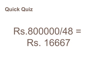 Quick Quiz



   Rs.800000/48 =
      Rs. 16667
 