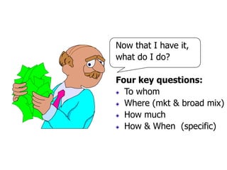 Now that I have it,
what do I do?

Four key questions:
  To whom
  Where (mkt & broad mix)
  How much
  How & When (specif...
