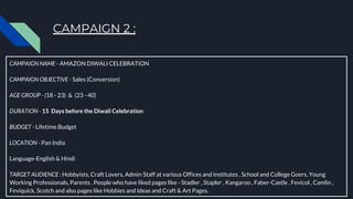 CAMPAIGN 2 :
CAMPAIGN NAME - AMAZON DIWALI CELEBRATION
CAMPAIGN OBJECTIVE - Sales (Conversion)
AGE GROUP - (18 - 23) & (23 - 40)
DURATION - 15 Days before the Diwali Celebration
BUDGET - Lifetime Budget
LOCATION - Pan India
Language-English & Hindi
TARGET AUDIENCE : Hobbyists, Craft Lovers, Admin Staff at various Offices and Institutes , School and College Goers, Young
Working Professionals, Parents . People who have liked pages like - Stadler , Stapler , Kangaroo , Faber-Castle , Fevicol , Camlin ,
Feviquick, Scotch and also pages like Hobbies and Ideas and Craft & Art Pages.
 