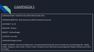 CAMPAIGN 1:
CAMPAIGN NAME - FEVISTIK ( NO CHIP CHIP NO JHIK JHIK )
CAMPAIGN OBJECTIVE - Brand Awareness (With an Emotional Connect)
AGE GROUP - 16- 35
DURATION - 30 Days
BUDGET - Lifetime Budget
LOCATION - Pan India
LANGUAGE-English & Hindi
TARGET AUDIENCE : School and College Goers, Young Working Professionals, Parents. People who have liked pages like - Stadler ,
Stapler , Kangaroo , Faber-Castle , Fevicol , Camlin , Feviquick, Scotch, Glue-Stick and also pages like Hobbies and Ideas and Craft &
Art Pages.
 